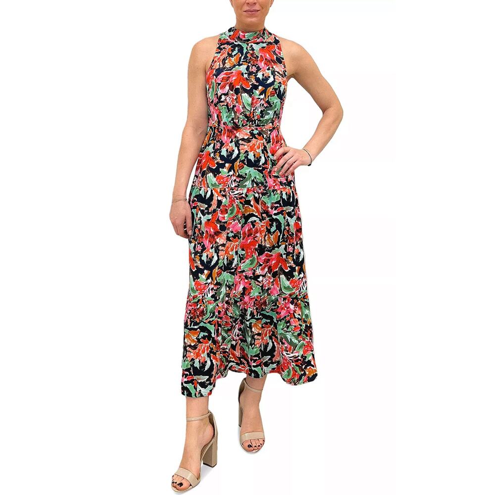Sam Edelman Floral Tiered Midi Dress Red Green Chiffon Sleeveless Women's Size 2